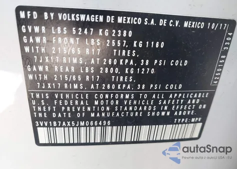 2018 Volkswagen Tiguan 2.0T S from USA, damaged, VIN 3VV1B7AX5JM066496